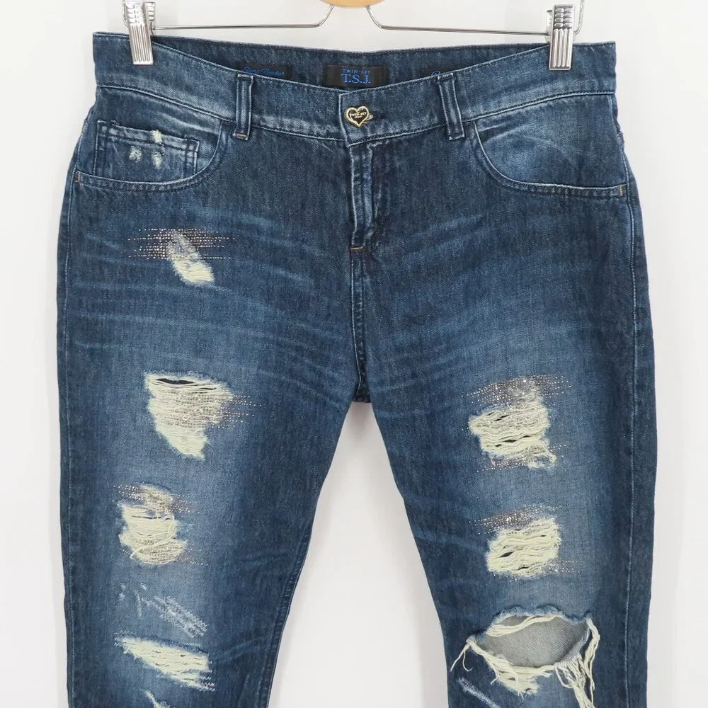 TWINSET Jeans Womens SEE MEASUREMENTS Catherine Embellished Distressed Denim - Picture 2 of 12